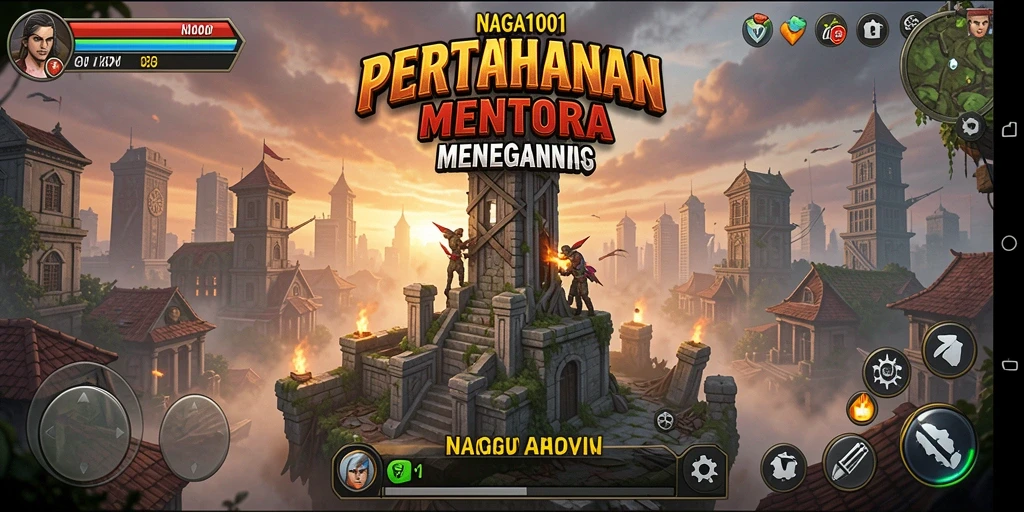 Tampilan gameplay menegangkan dengan menara dan musuh beragam dalam NAGA1001.